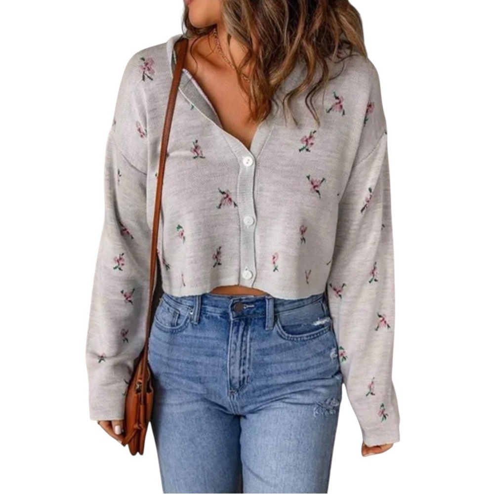 BP Nordstrom Floral Button-Up Cropped Cardigan Size Medium Cottage Gray Pink